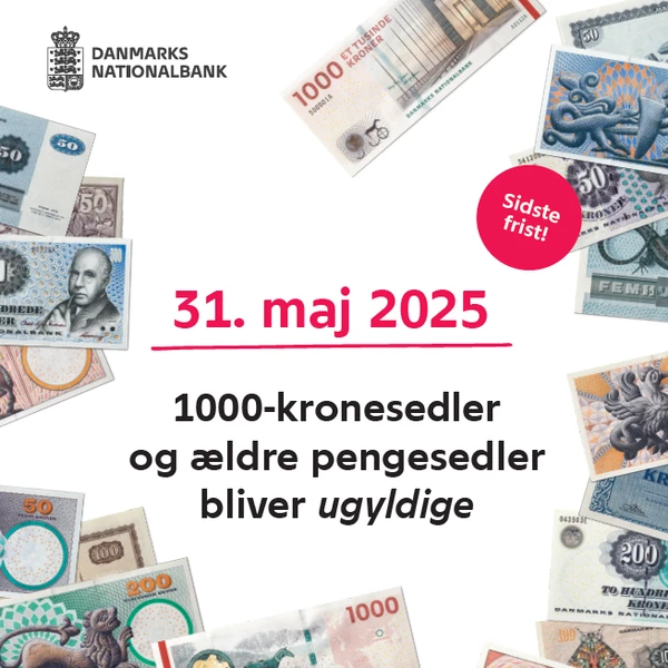 1000-kronesedler og pengesedler fra ældre seddelserier bliver ugyldige efter 31. maj 2025. Til og med denne dato kan du betale i butikkerne som normalt eller indsætte sedlerne på din bankkonto. Efter 31. maj 2025 kan sedlerne kun indleveres på Nationalbankens tre indleveringssteder i Aarhus, Odense og København. Du kan også beholde sedlerne som samleobjekter. Se alle sedlerne, og hvad du kan gøre med dem, på nationalbanken.dk/fremtidenskontanter